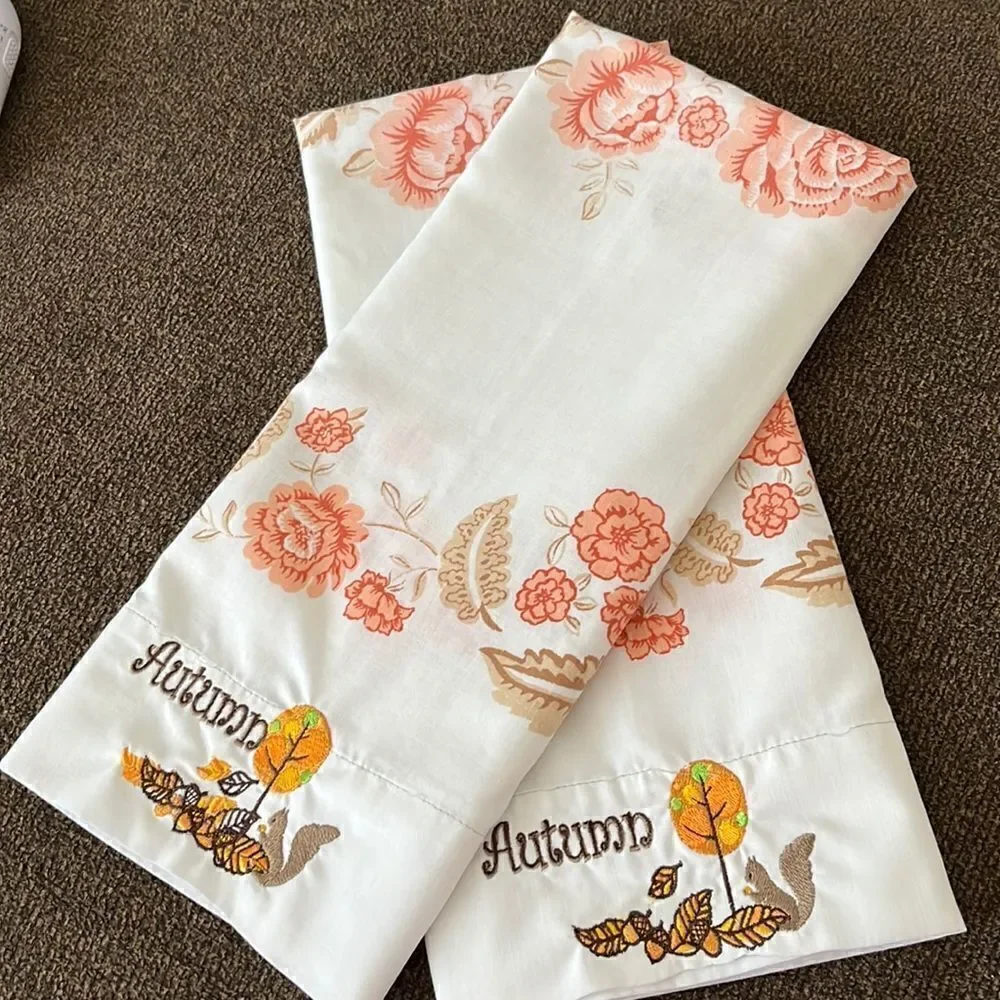 Set 2 Custom Autumn Embroidered White with Red/Brown Floral Accent Pillowcases